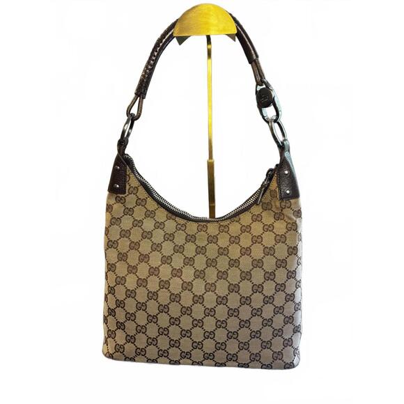 Gucci GG Canvas Shoulder Bag Brown Leather Trim Serial 115008 - Picture 1 of 16